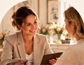 Zwei Frauen im persönlichen Gespräch, eine mit Tablet