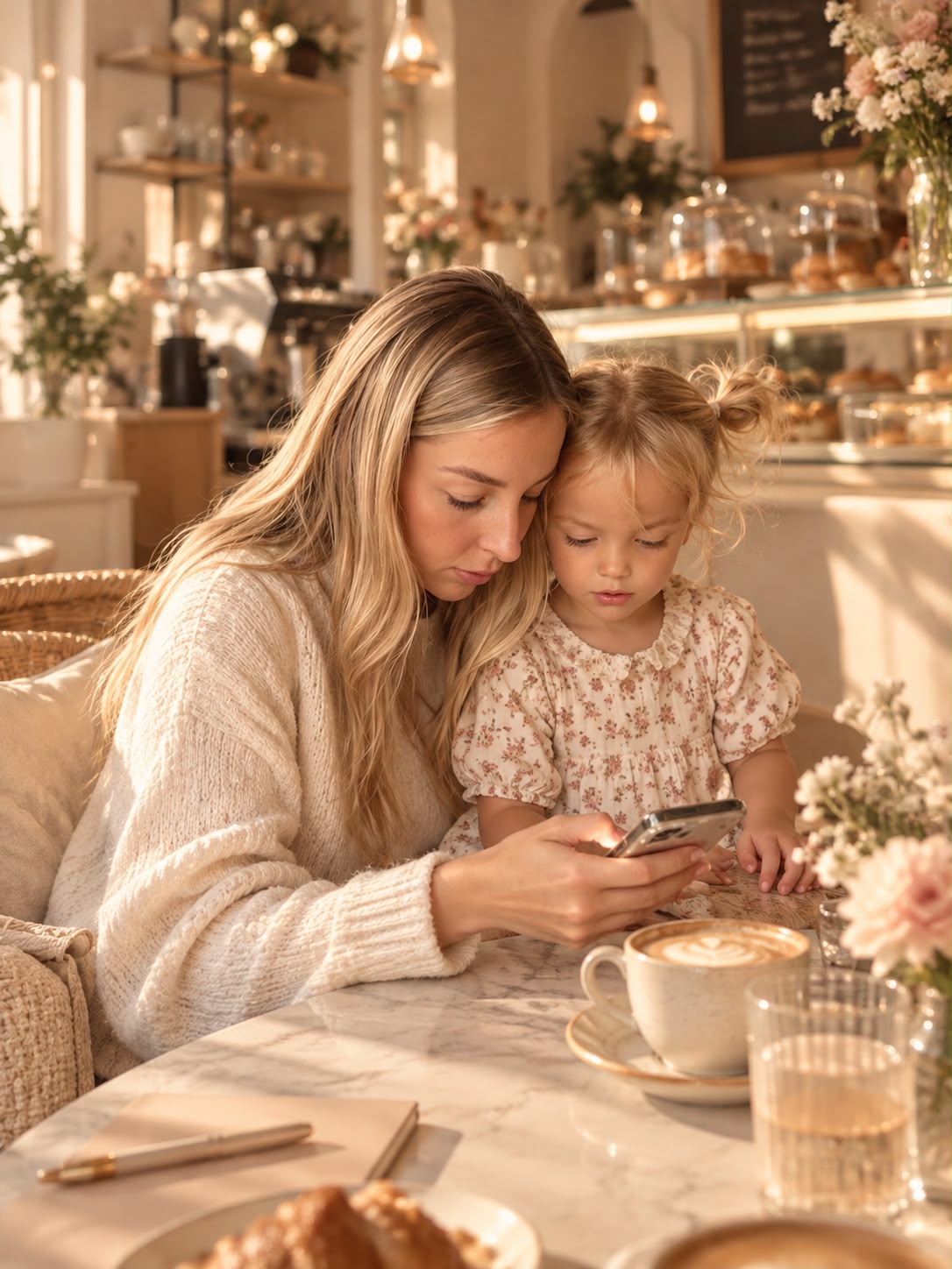 Mutter und kleine Tochter schauen im sonnigen Café gemeinsam auf ein Handy