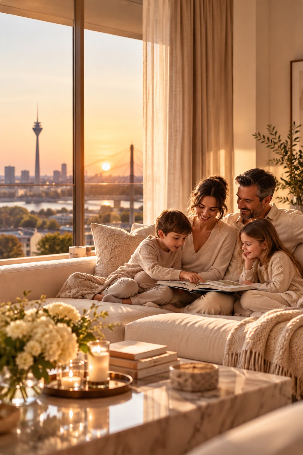 Familie liest gemeinsam auf dem Sofa, im Fenster der Düsseldorfer Rheinturm im Abendlicht