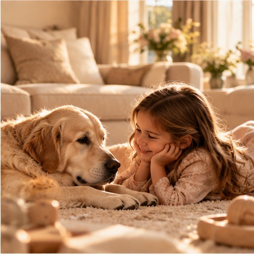 Kleines Mädchen liegt lächelnd neben einem Golden Retriever auf dem Teppich