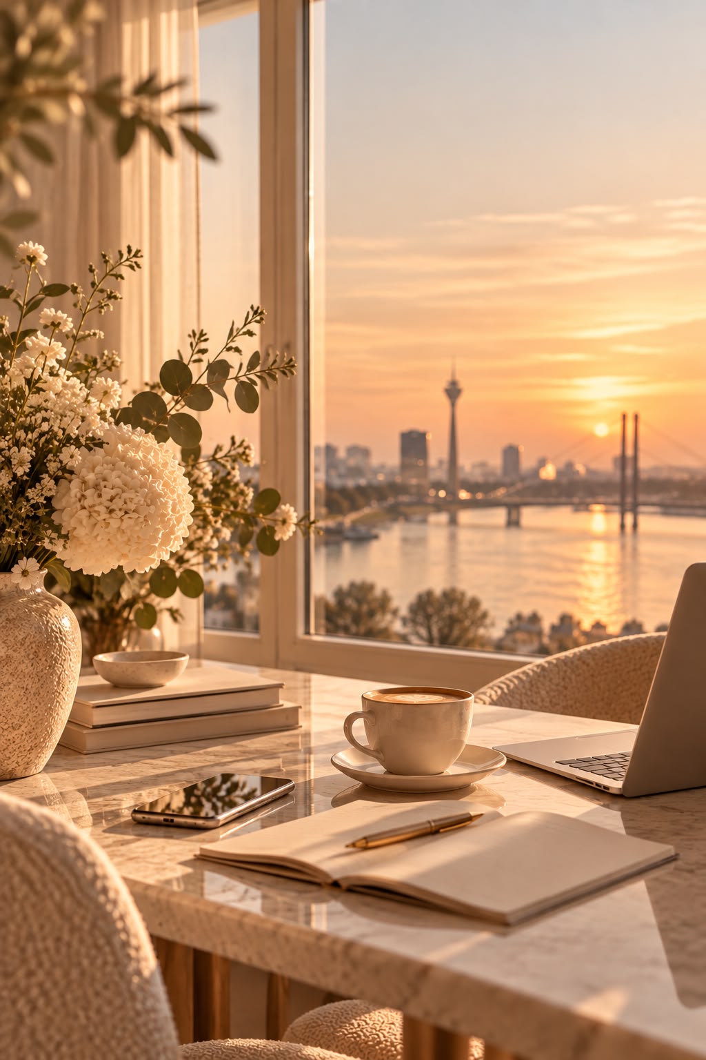 Fensterplatz mit Blumen, Kaffee und Notizbuch, draußen der Rhein mit dem Düsseldorfer Rheinturm im Abendlicht