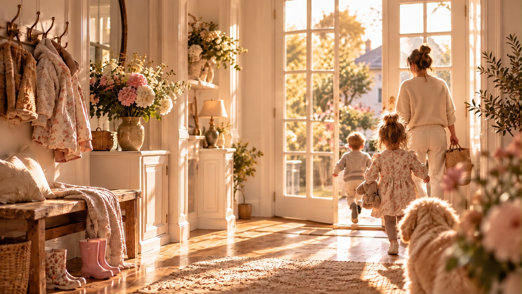 Sonniger Eingangsbereich: Eine Mutter geht mit zwei kleinen Kindern und dem Hund durch die offene Tür nach draußen
