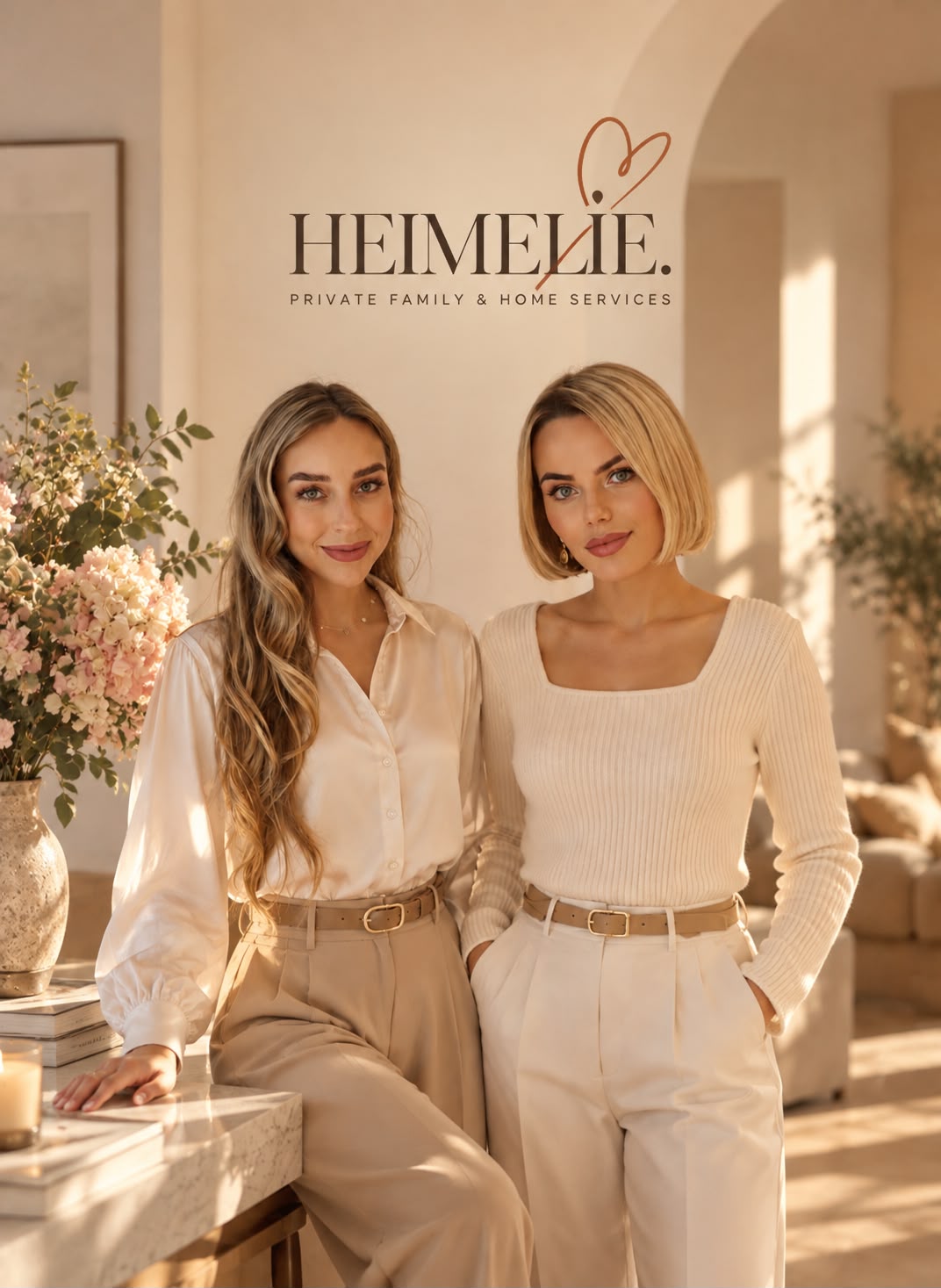 Lisa und Marie, die Gründerinnen von HEIMELIE, im sonnigen Wohnzimmer – darüber das HEIMELIE-Logo